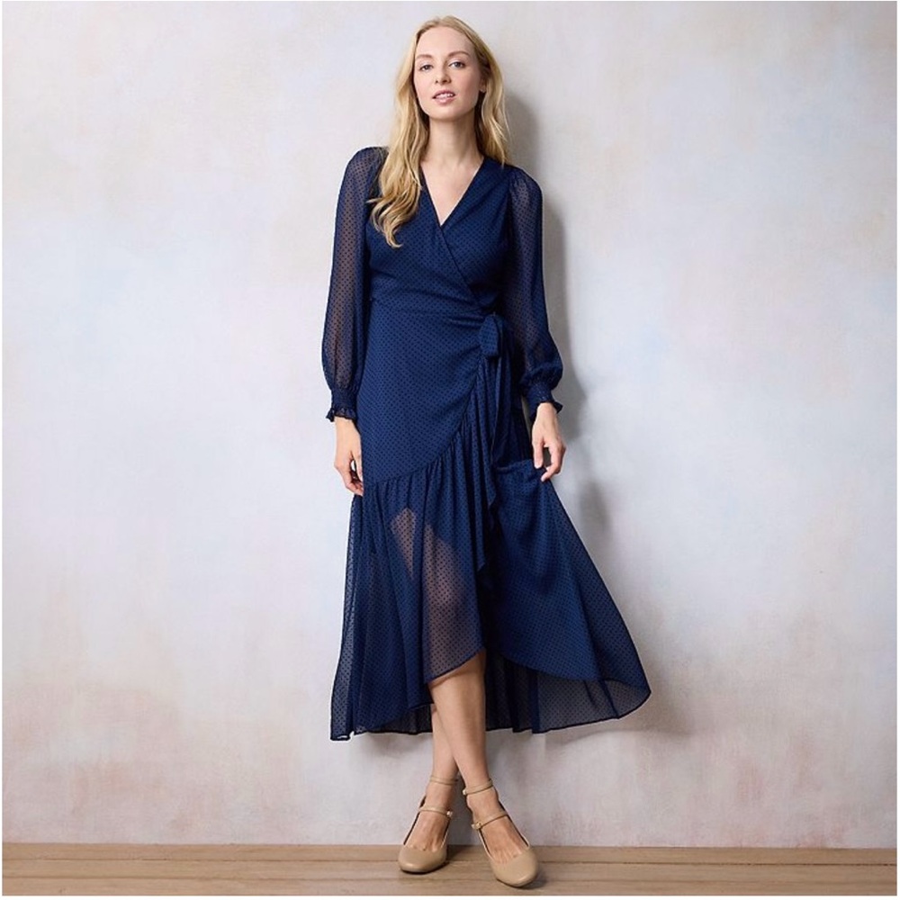 LC Lauren Conrad Blue Asymmetrical Wrap Dress with Bishop Sleeves
